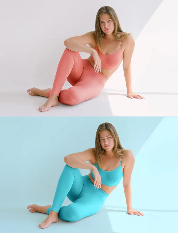 Activewear set shown in two colourways after colour-variant editing